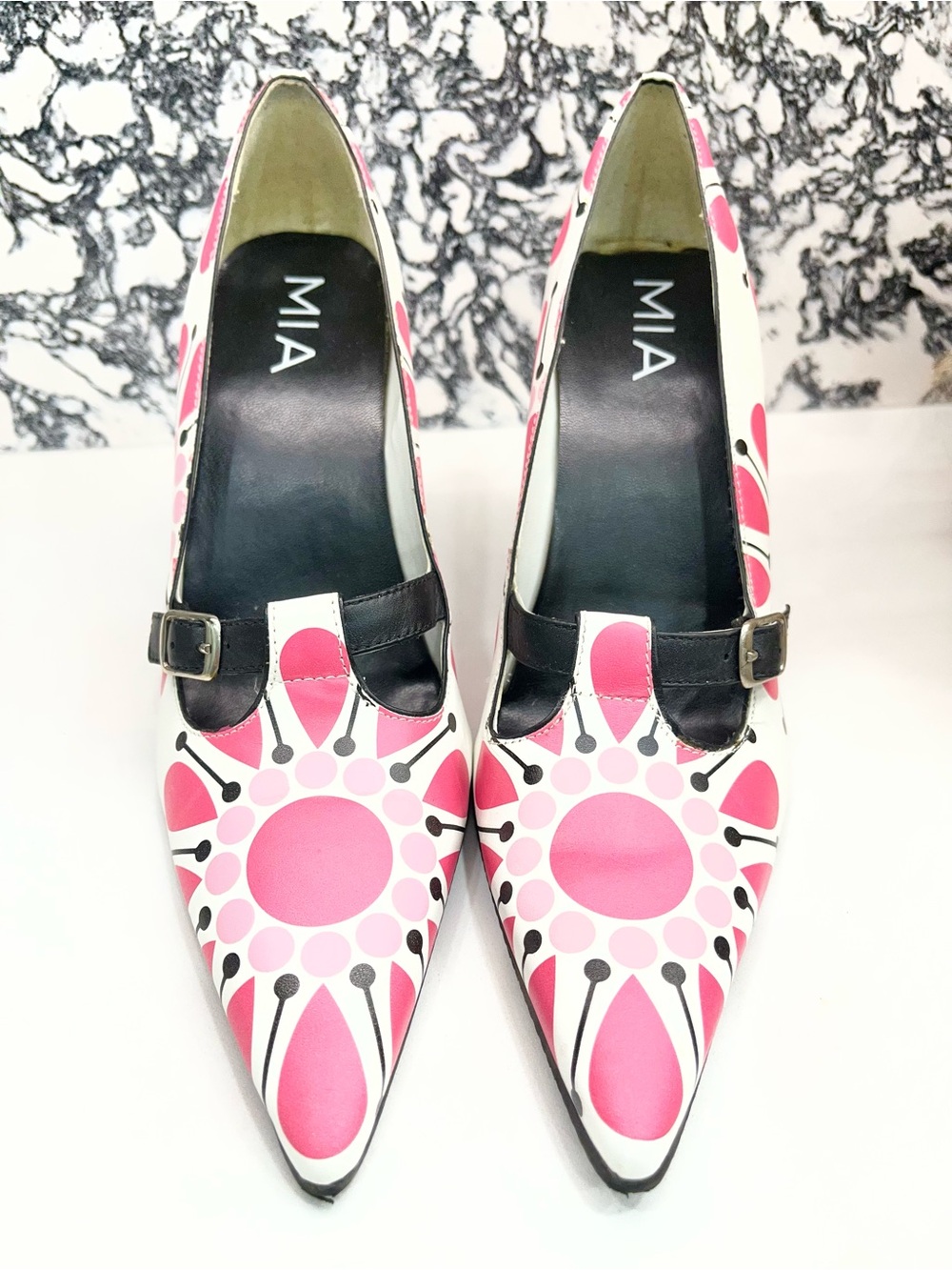 MIA Pink & White Patterned Mary Jane Heels with Black Strap - Picture 4 of 10